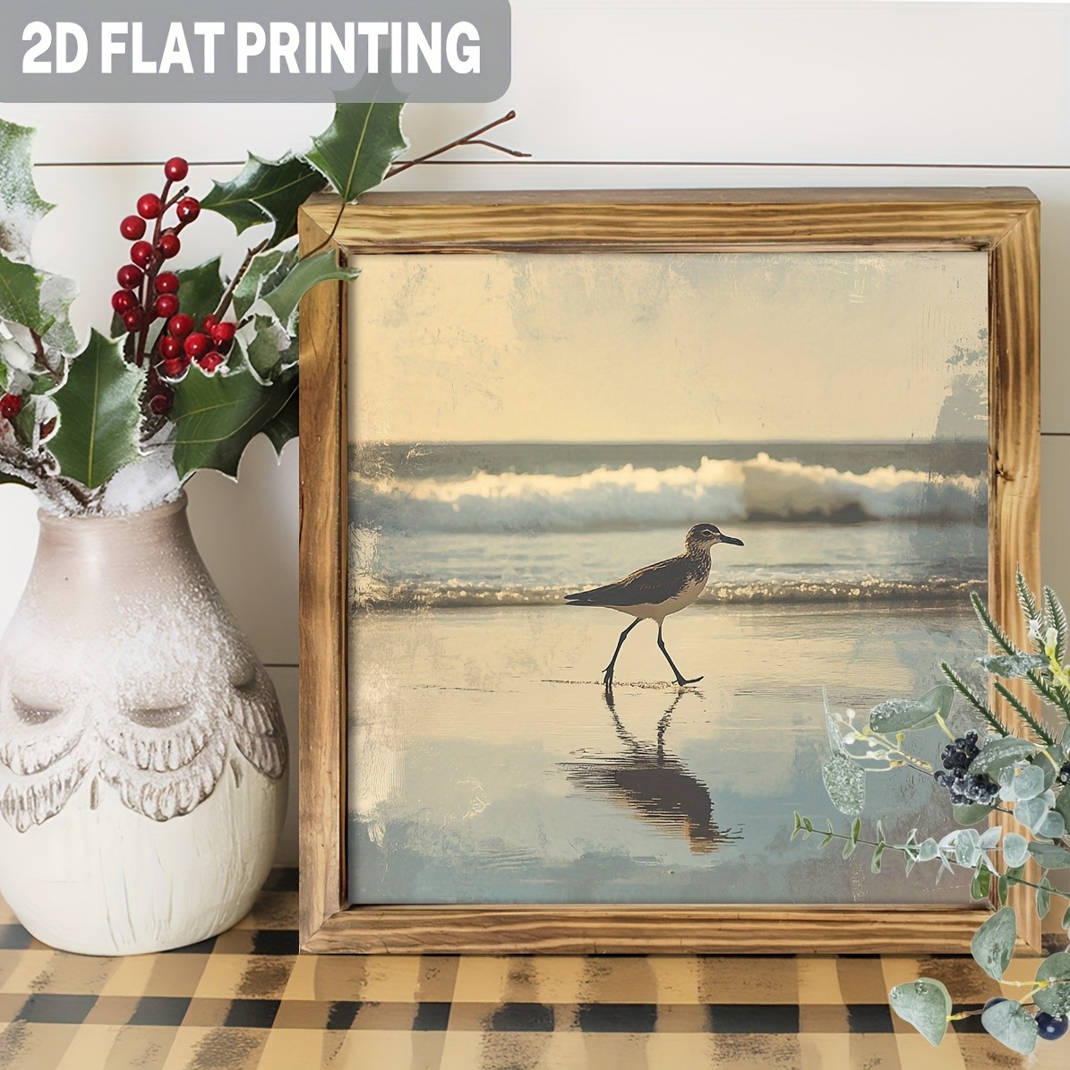Shorebird Walking On Sandy Beach Vintage Coastal Landscape Wooden Framed Art