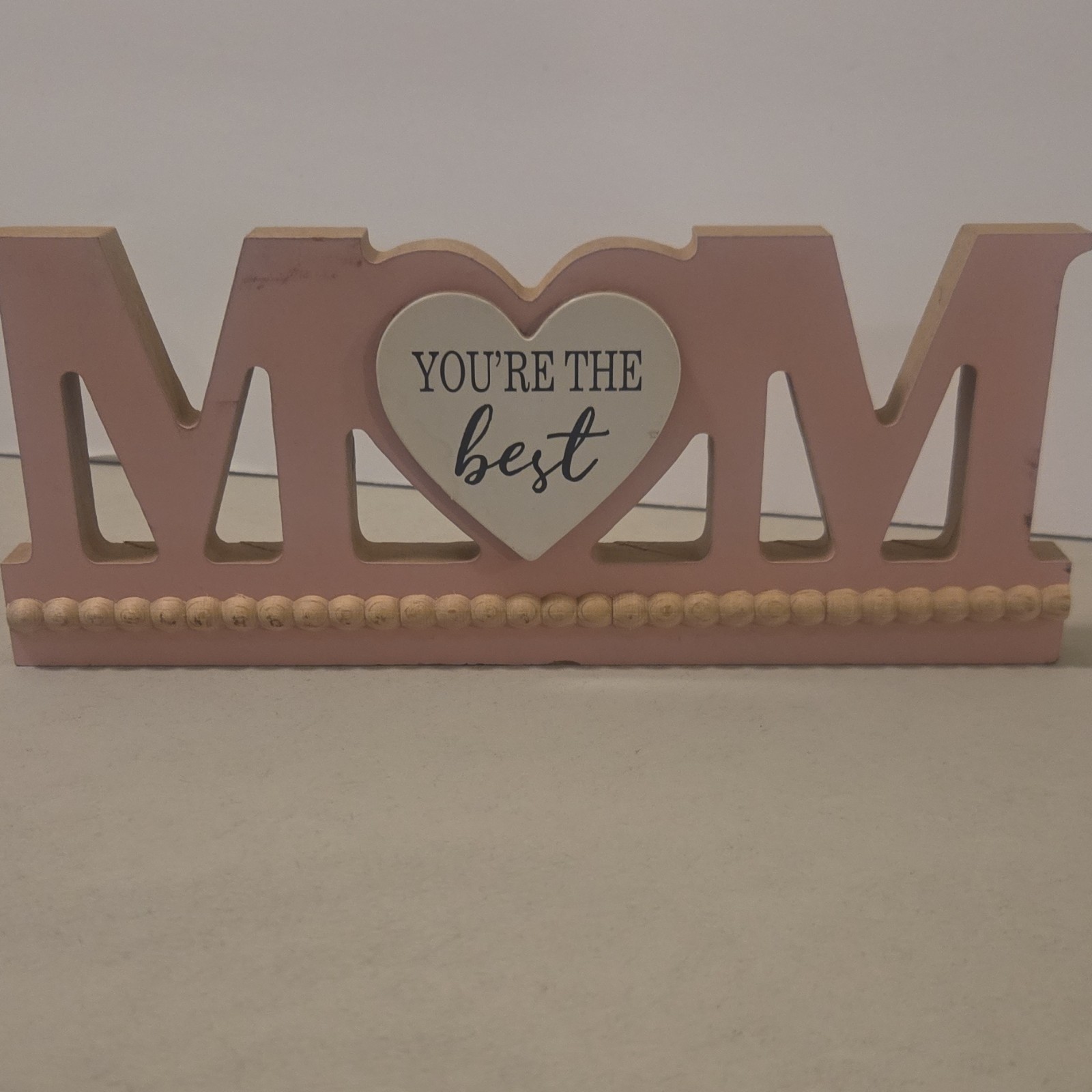 Pink Wooden Heart Plaque Decorative Freestanding Sign for Mom, Family Theme