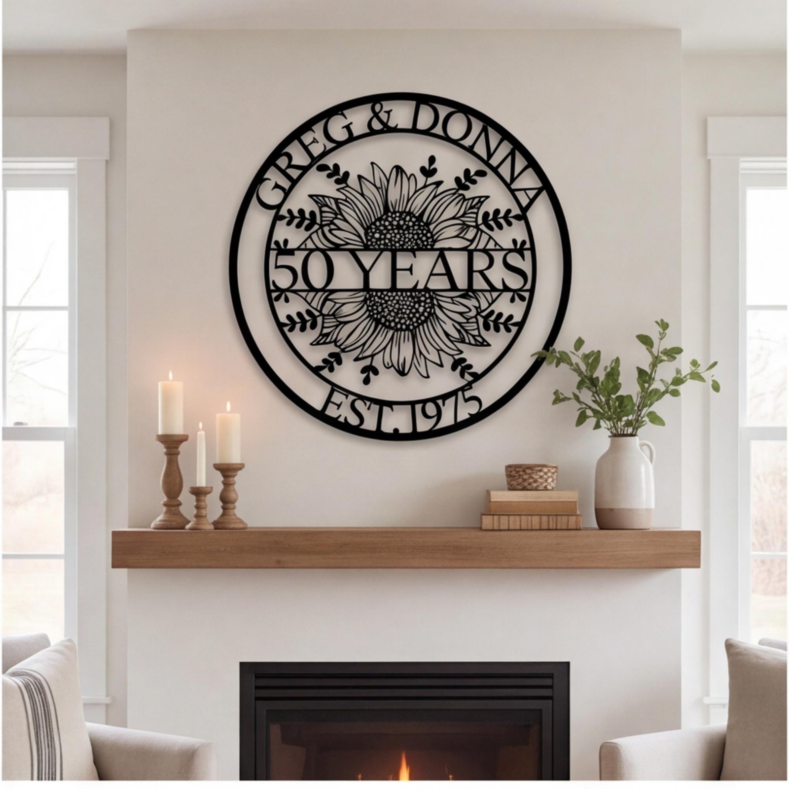 Personalized 50th Anniversary Metal Wall Art, Custom Sunflower Couple Sign