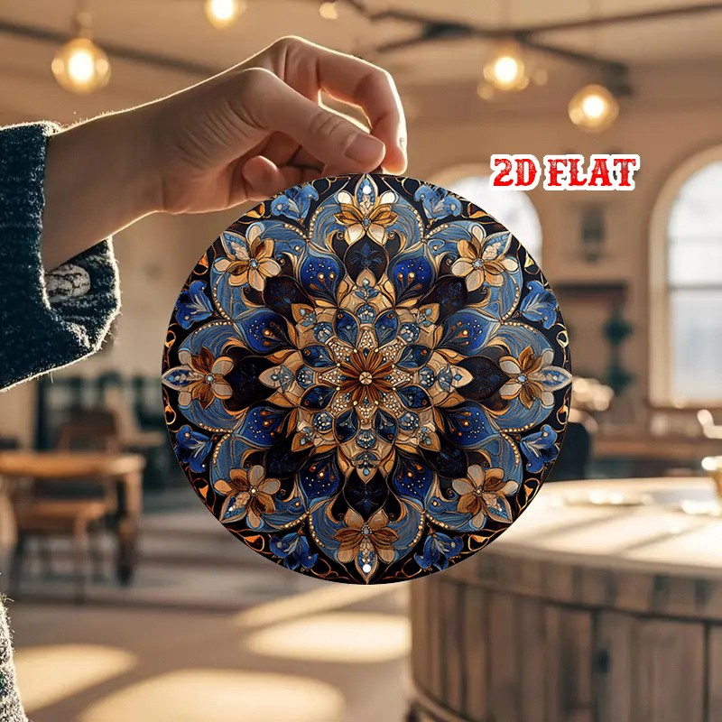 Metal Sign Intricate Mandala Floral Art Blue and Gold Bohemian Wall Art Decor