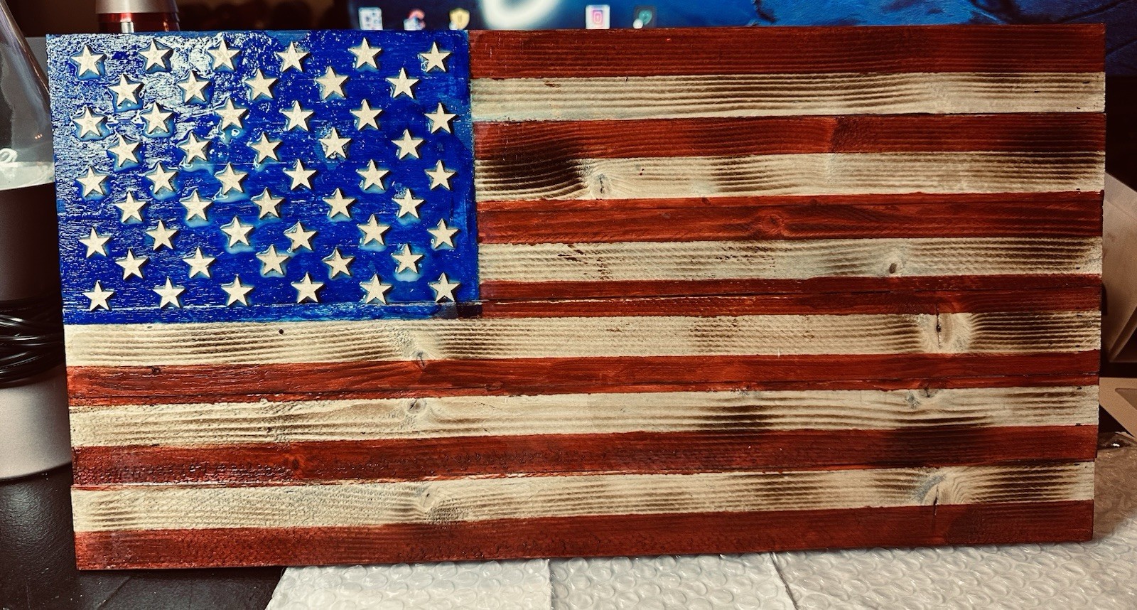 Handmade Wooden American Flag – stressed burnt wood 13″x24″ indoor/covered porch