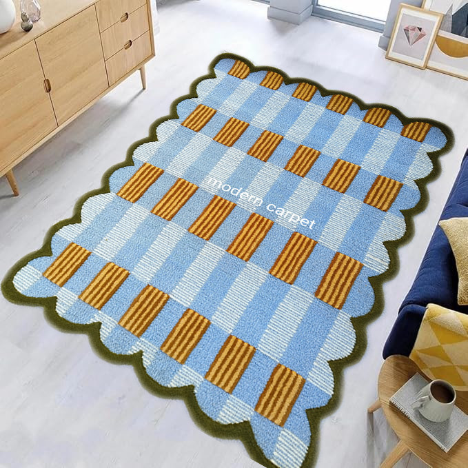 Handmade Wool Tufted Rug Mustard Blue | Modern Geometric Carpet Cozy Home Decors