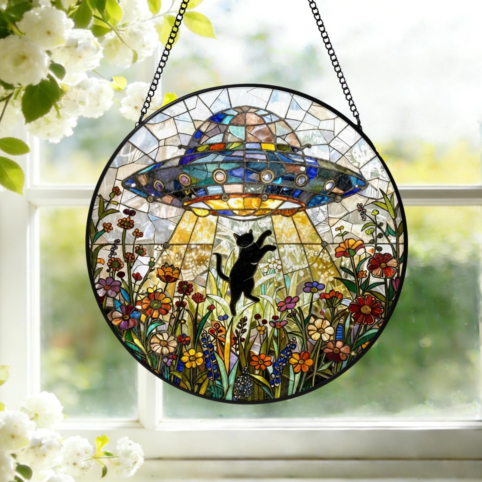 UFO Abduction Black Cat Suncatcher – Custom Alien Spaceship Window Decor