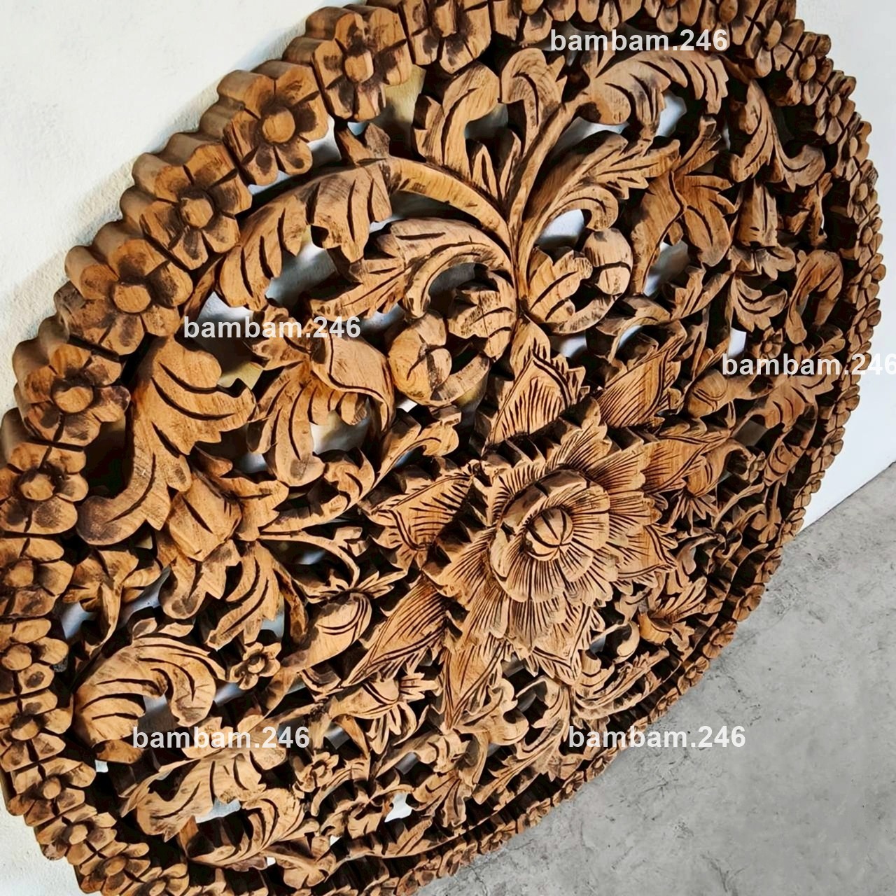 Large Round Teak Wood Wall Art 35 in Floral Flower Design Thai Carving for Livin