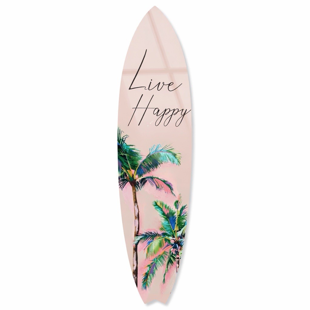 Notoriart Acrylic-Glass Surfboard Wall Sign Pink Palm Tree Tropical Art 60x14in