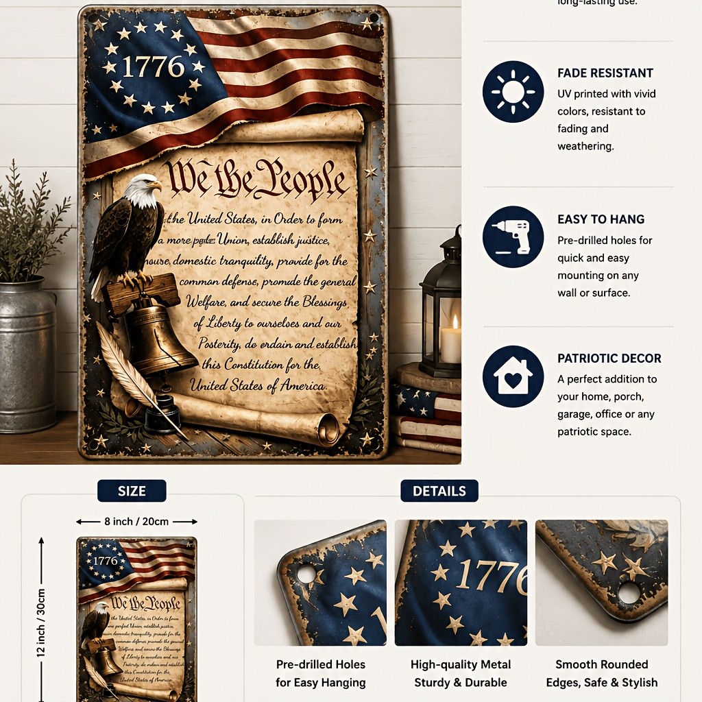Retro 1776 Patriotic Tin Sign American Flag Eagle USA History Novelty Wall Art
