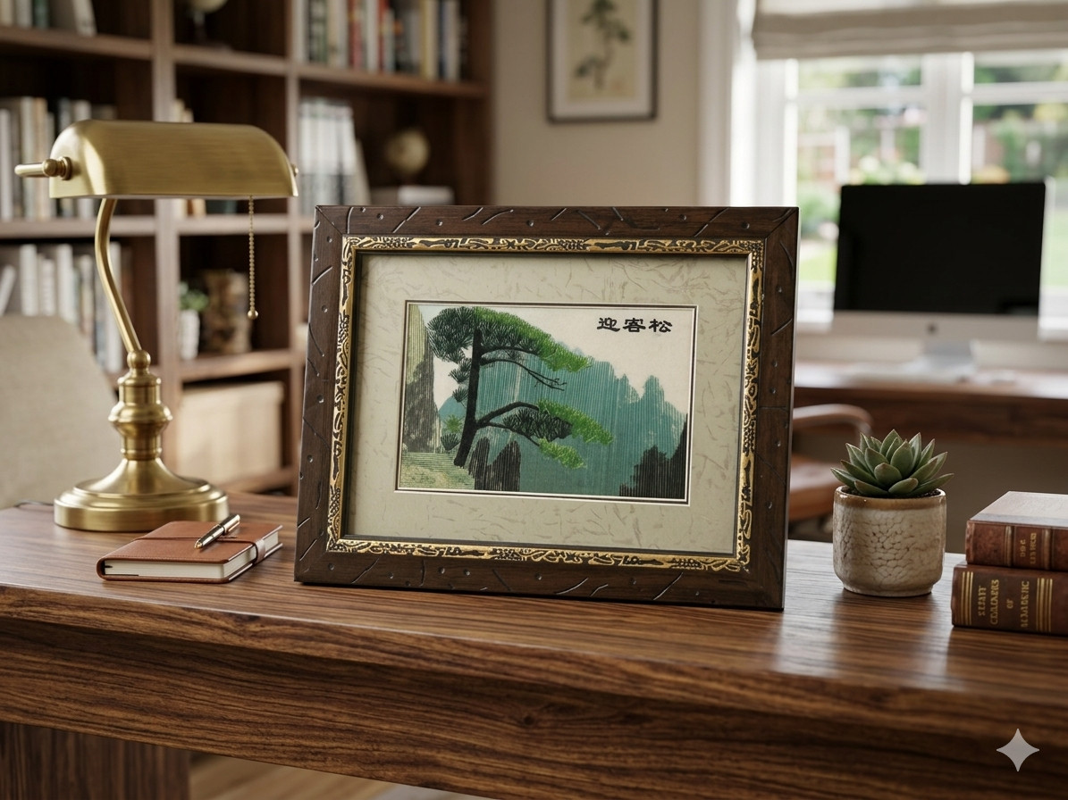 Vintage Embroidery Mountain Pine Tree Rectangular Framed Art GB662