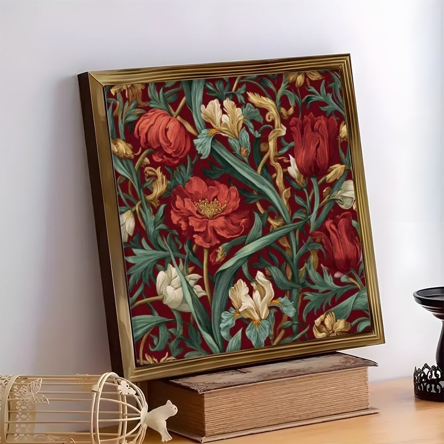 Vintage Red Floral Pattern Wooden Frame Sign Rich Red Green Botanical Wall Art