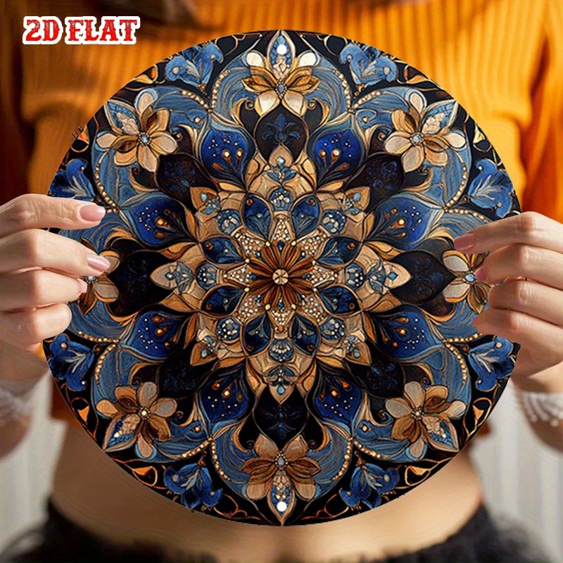 Metal Sign Intricate Mandala Floral Art Blue and Gold Bohemian Wall Art Decor