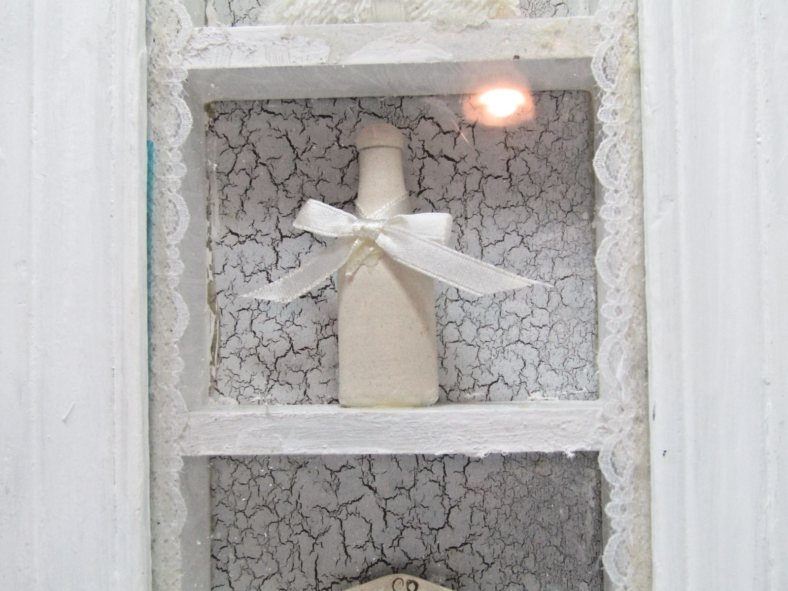 Bathroom Wall Decor Vintage White Wood Shadowbox Towels Bottle Dish