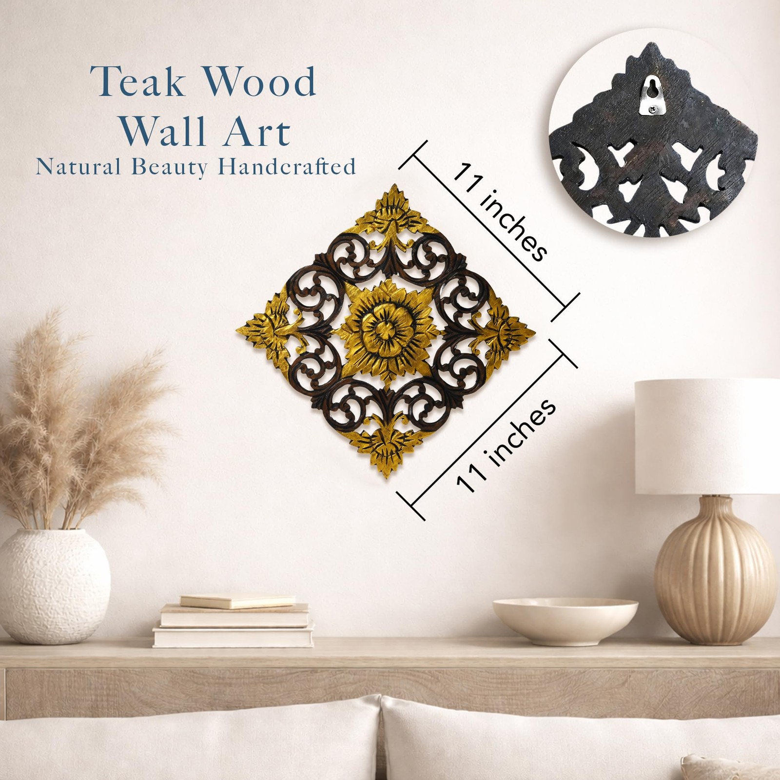 Hand Carved Teak Wood Wall Art Panel – 11-Inch Rustic Flower Design Decor