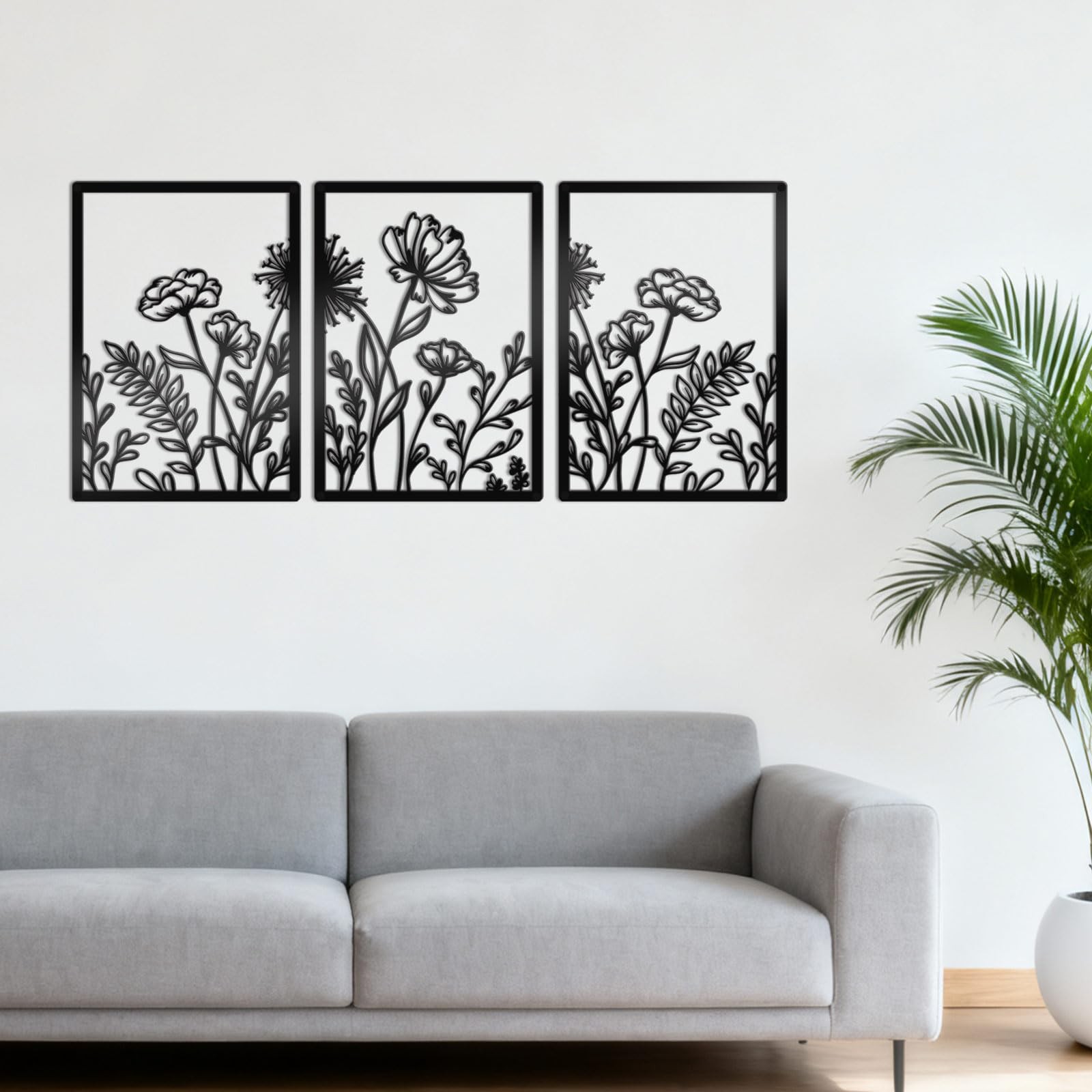 3 PCS Medium Black Metal Flower Line Sculpture Minimalist Wall Art Home Decor