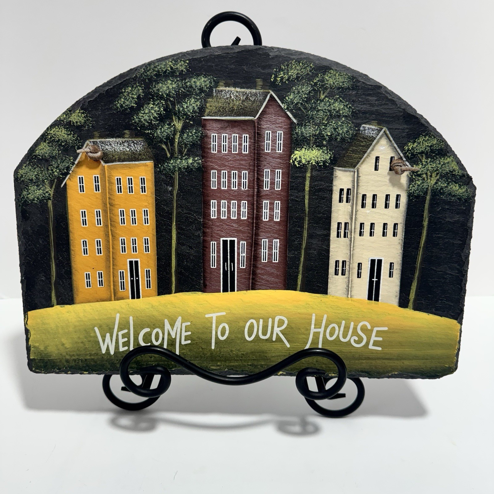 Hand Painted Welcome to Our Home Slate Wall Hanging Leather Strap Cottagecore