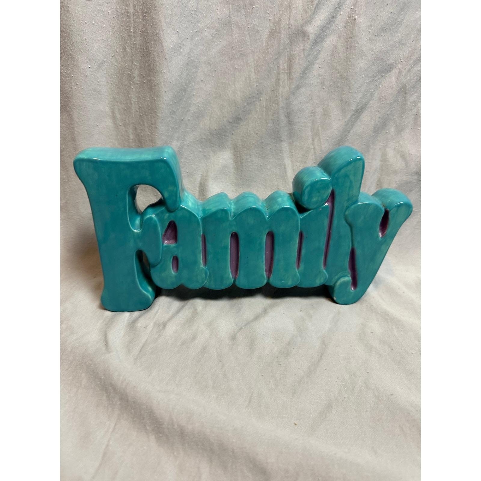 Turquoise Teal Ceramic Family Word Sign Freestanding Tabletop Decor Glossy 10in