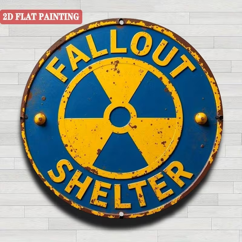 Shelter Sign – Fall Out Retro Nuclear Radiation Warning Metal Wall Art 8″