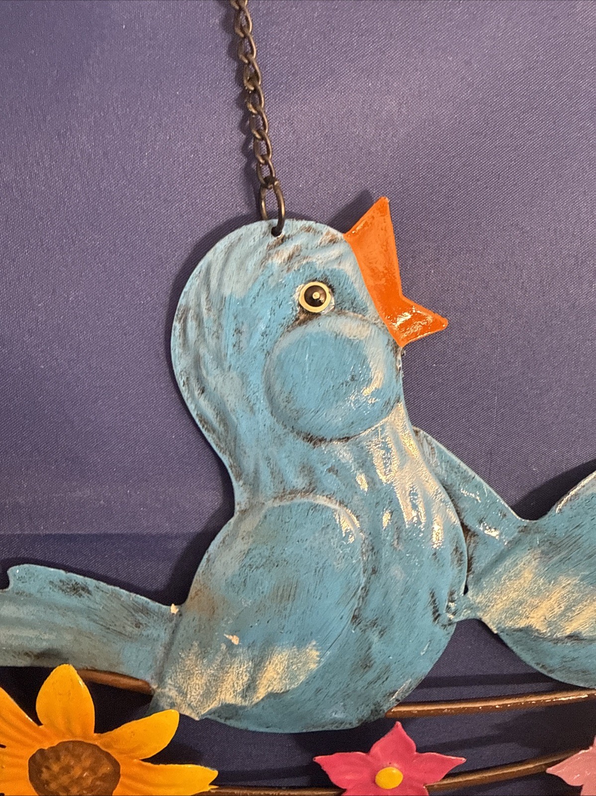 Vintage Metal Hand-Painted Welcome Bluebird Chicks Sunflower Flowers Sign