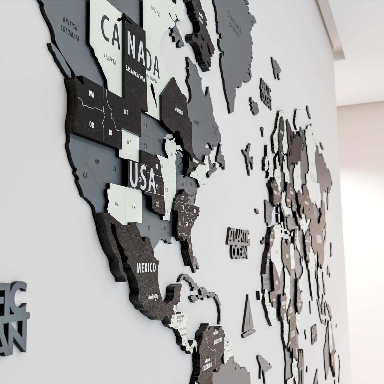 3D Wooden World Map Wall Art Unique Travel Pin Decor for Home Office Grey Medium