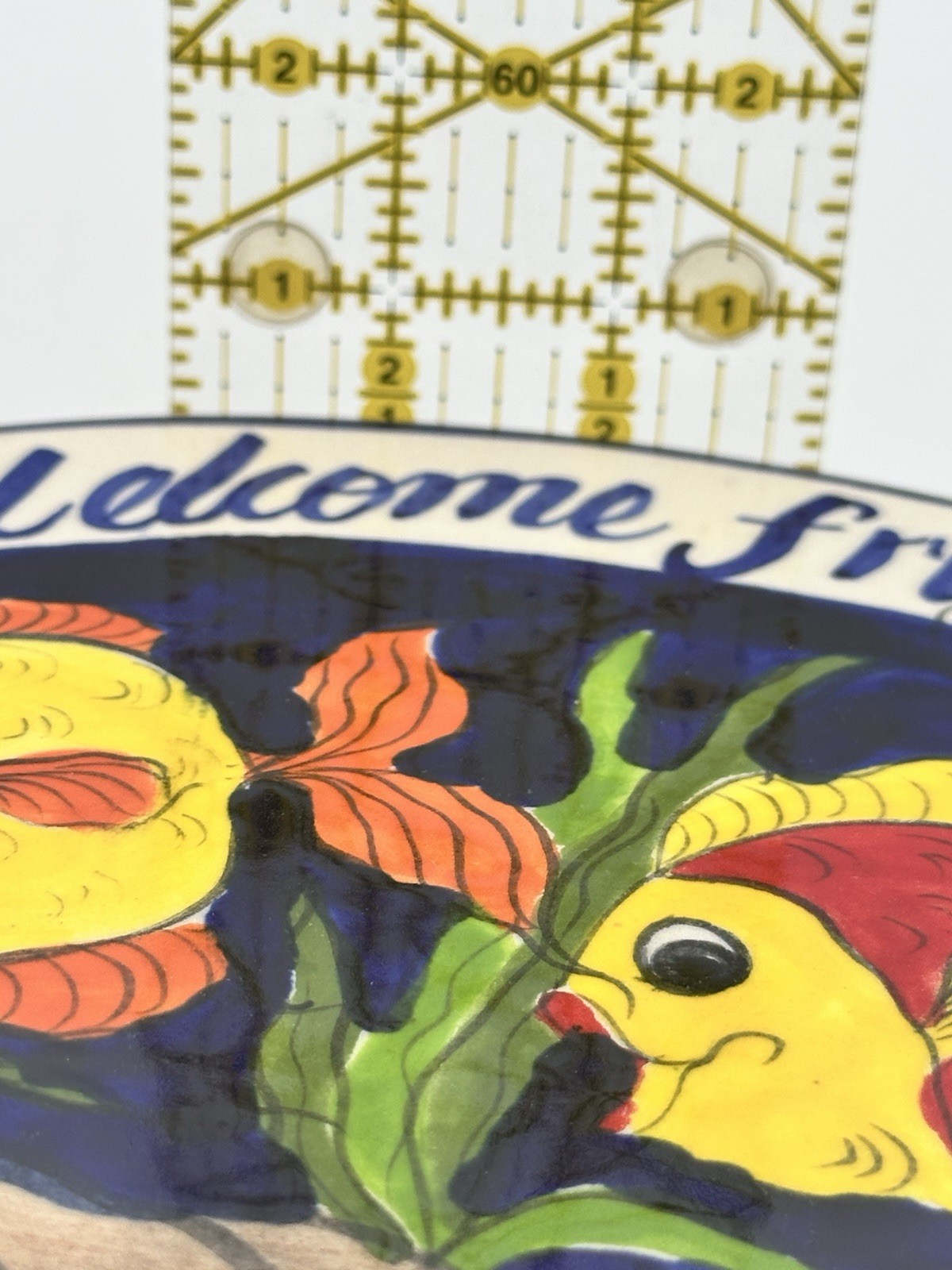 Welcome Friends Tile Hand Painted Fish Scene Oval