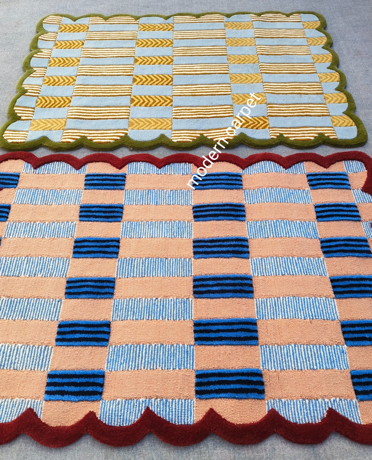 Handmade Checkered Wool Rug Blue Red | Scalloped Geometric Carpet Living Room
