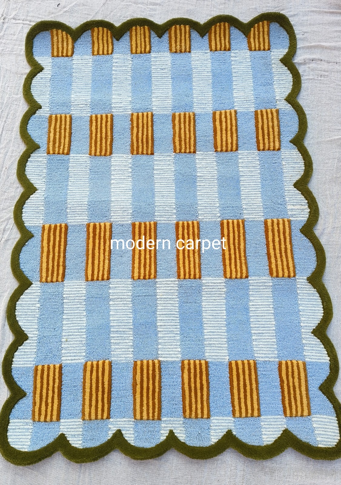 Handmade Wool Tufted Rug Mustard Blue | Modern Geometric Carpet Cozy Home Decors