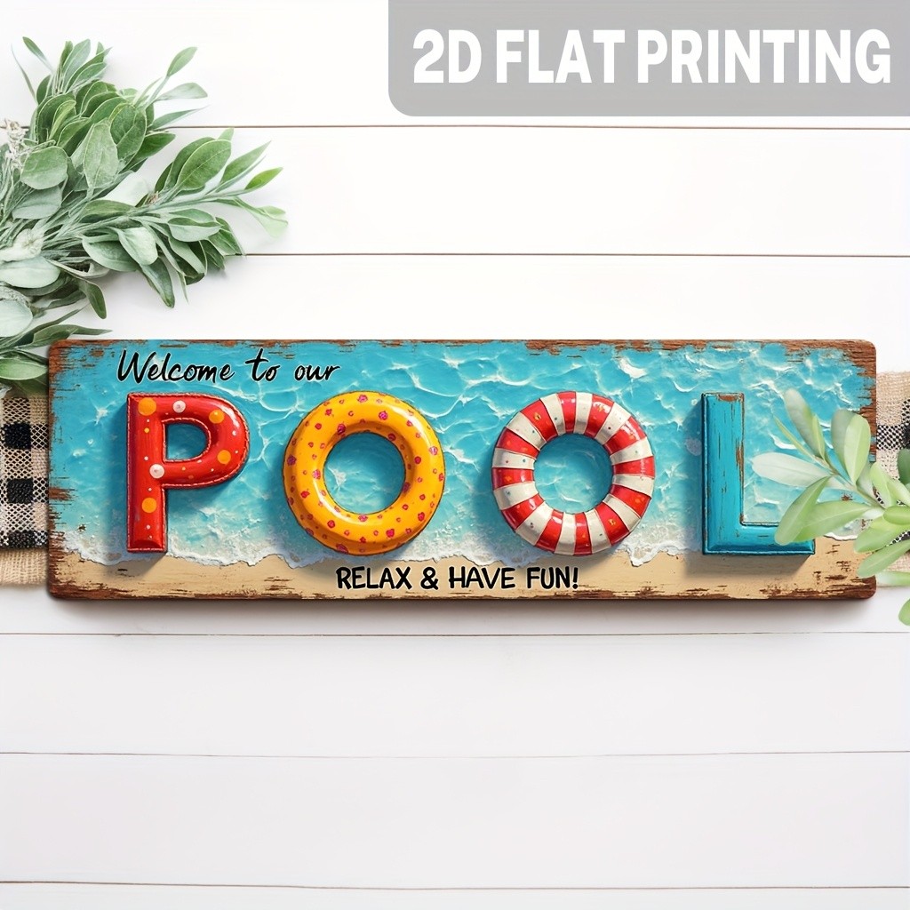 Metal Sign Vintage Pool Welcome Swim Ring Design Rustic Poolside Backyard Decor
