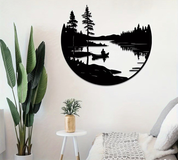 Fisherman Wall Decor Black Metal Man Fishing In Boat, Lake Wall Art Medium