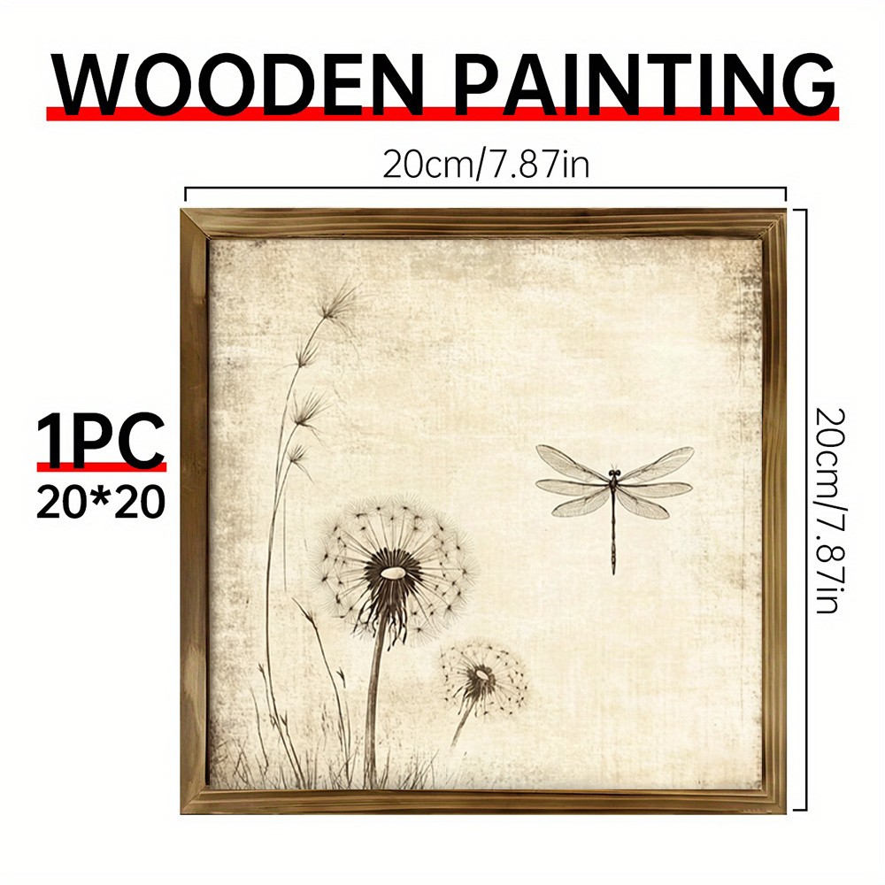Farmhouse Framed Dandelion Dragonfly Wall Art Vintage Nature Home Decor 8x8in