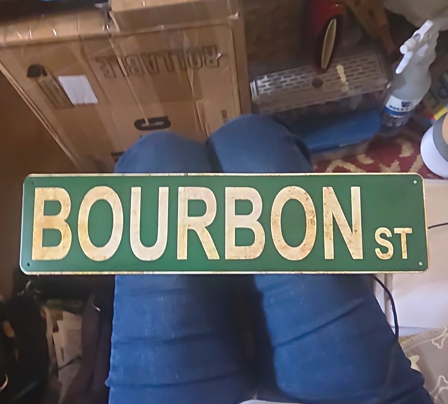 Green & White Metal “Bourbon St” Street Sign, Rectangular Horizontal Wall Plaque
