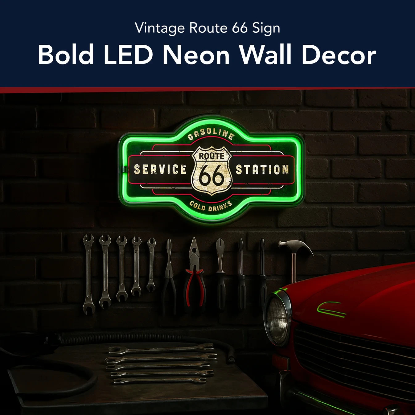 Route 66 LED Neon Lighted Sign, 17″ Marquee Shape, For Bar, Garage, or Man Cave