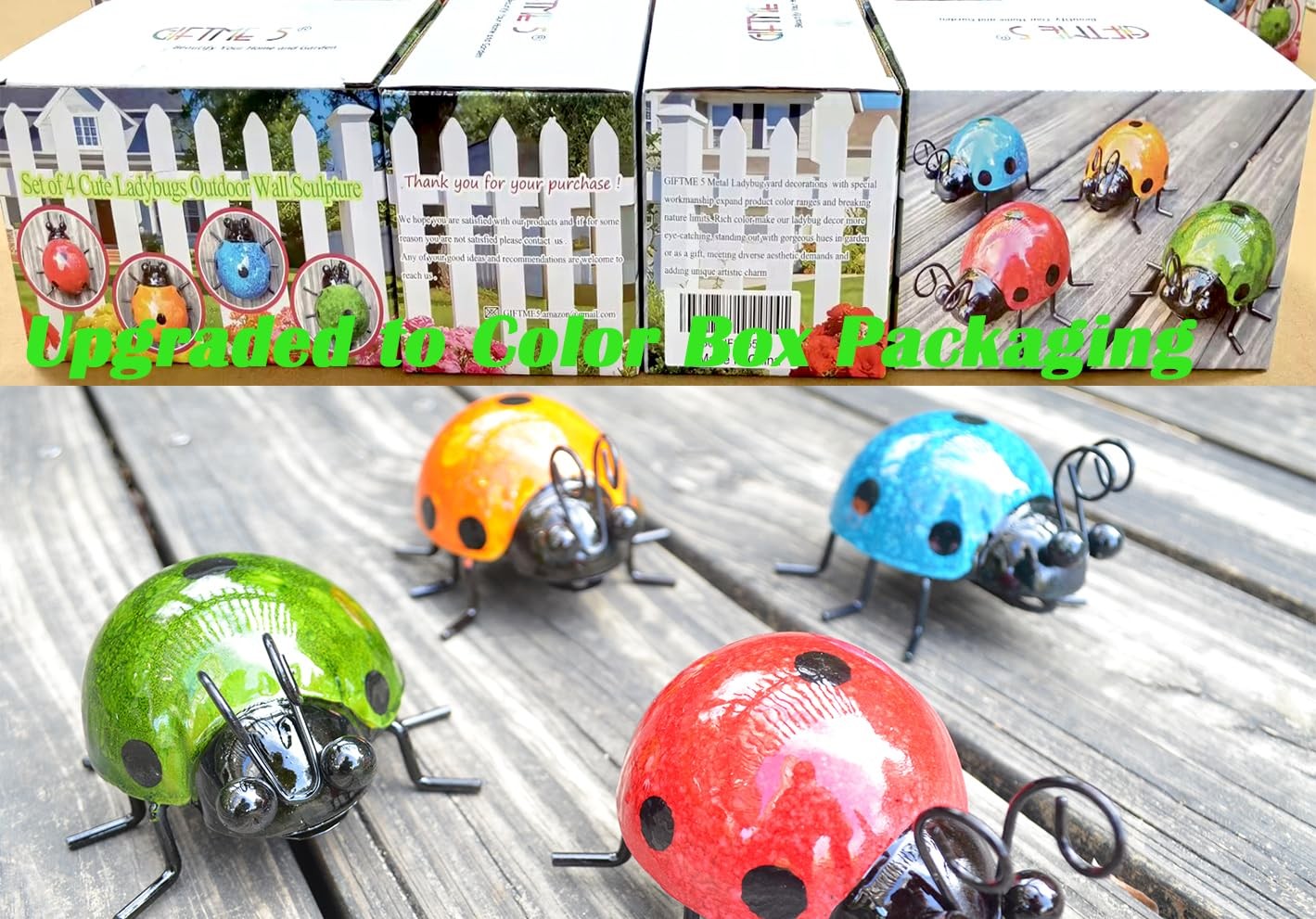 Metal Garden Wall Art Set of 4 Cute Ladybug Outdoor Sculptures