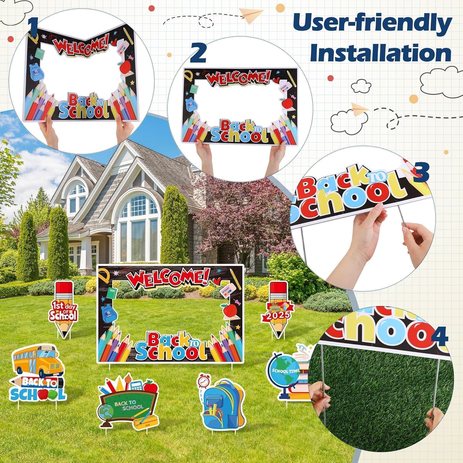 7 Pieces Welcome Back to School Yard Signs with Large Blackboard Photo Frame 202