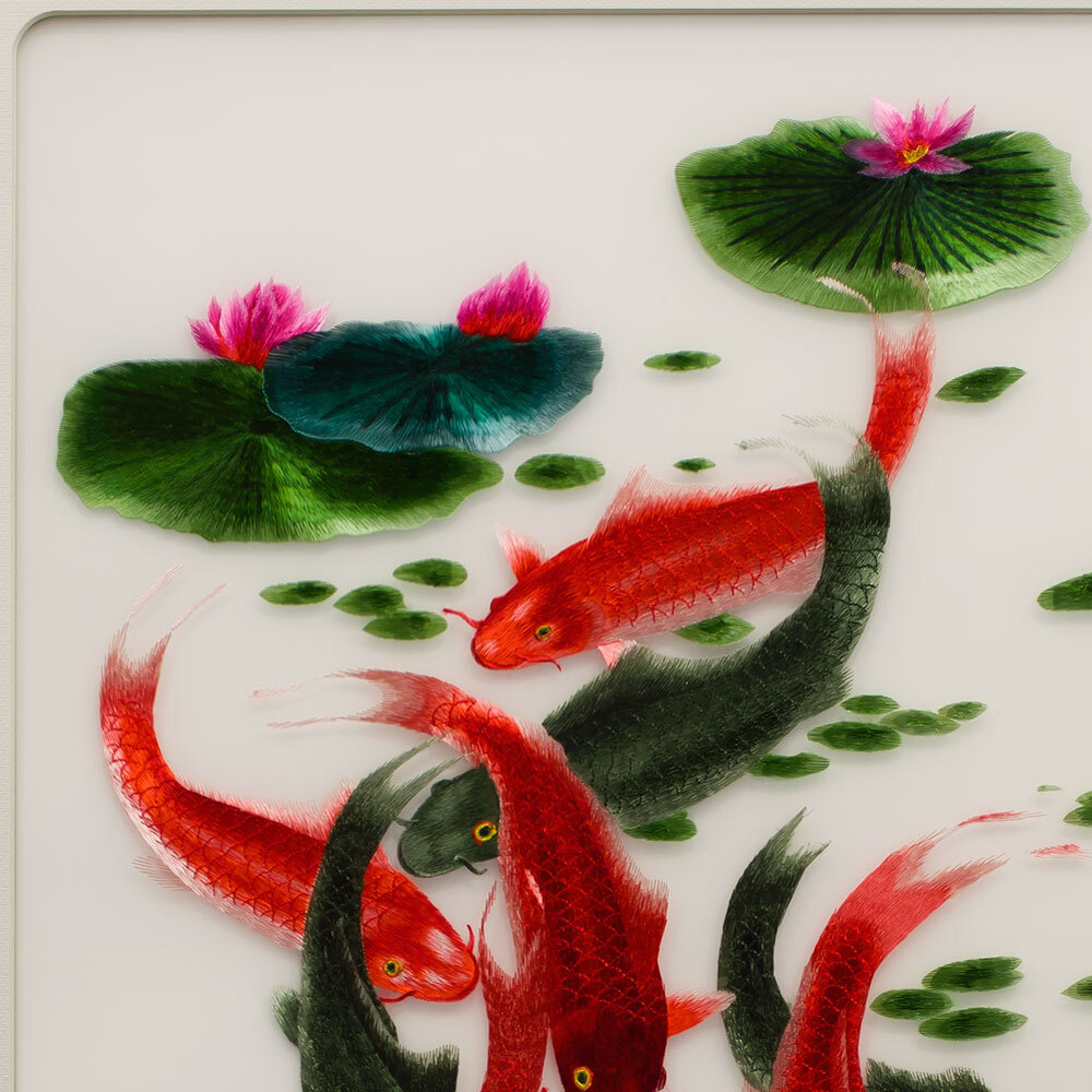 US Seller – Vertical Chinese Silk Embroidery of Nine Koi Fish and Lotus Flowers