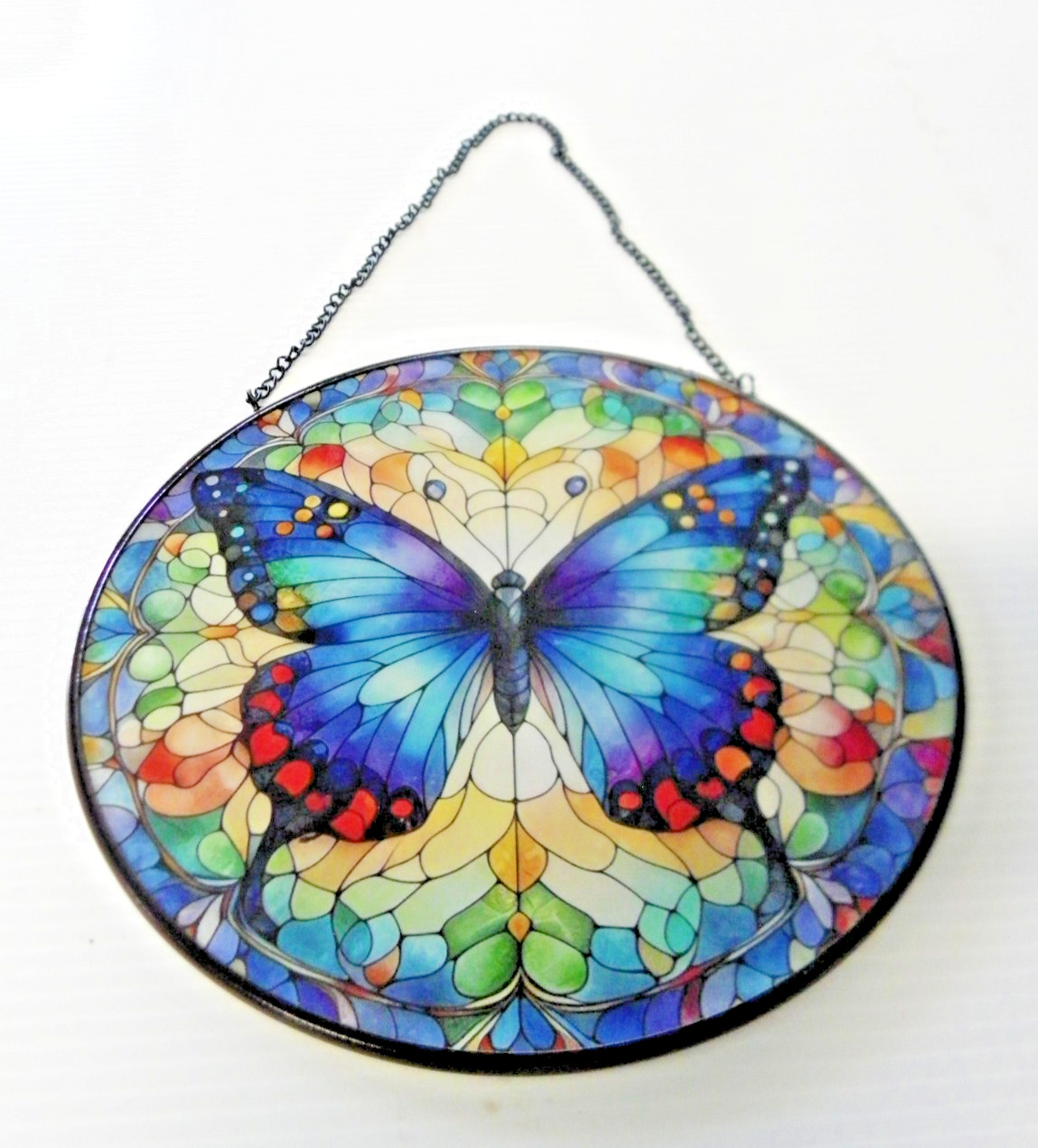 Blue Butterfly Suncatcher Multicolor Geometric Window Art Stained Glass Style 8″