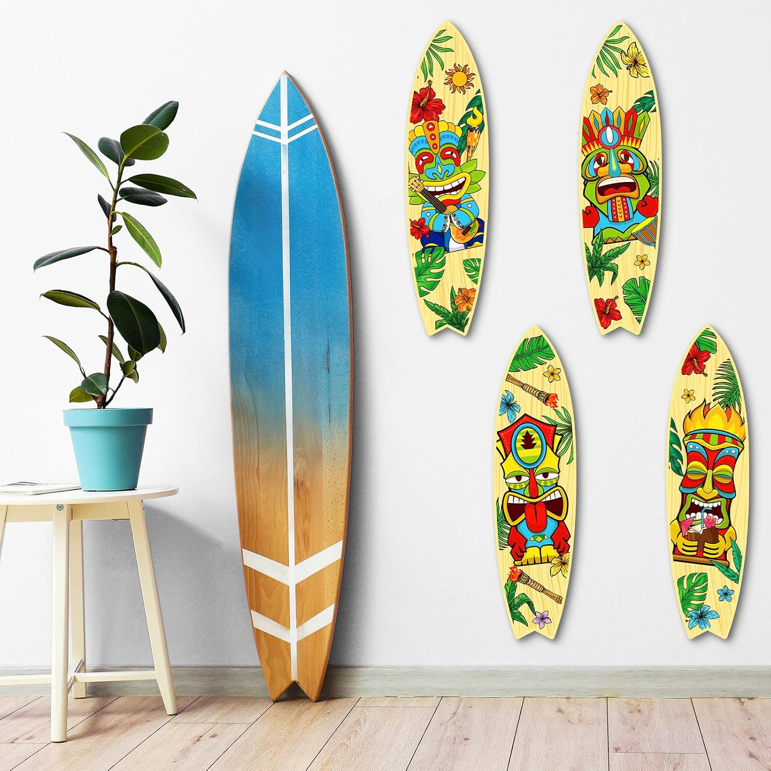 4 Pcs Tiki Surfboard Wall Decor Surfboard Wall Hanging Sign Wooden Beach