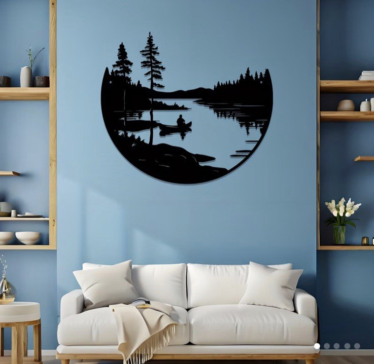 Fisherman Wall Decor Black Metal Man Fishing In Boat, Lake Wall Art Medium