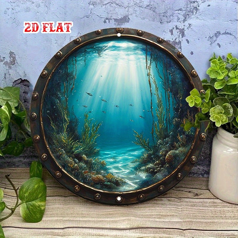 2D Flat 1 Piece Rustic Round Aluminum Tin Sign Underwater Sunlight Fish Vintage♪
