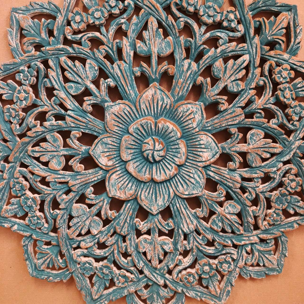 24″ Round Teak Wood Wall Art Hand Carved Floral Mandala Turquoise White RS003