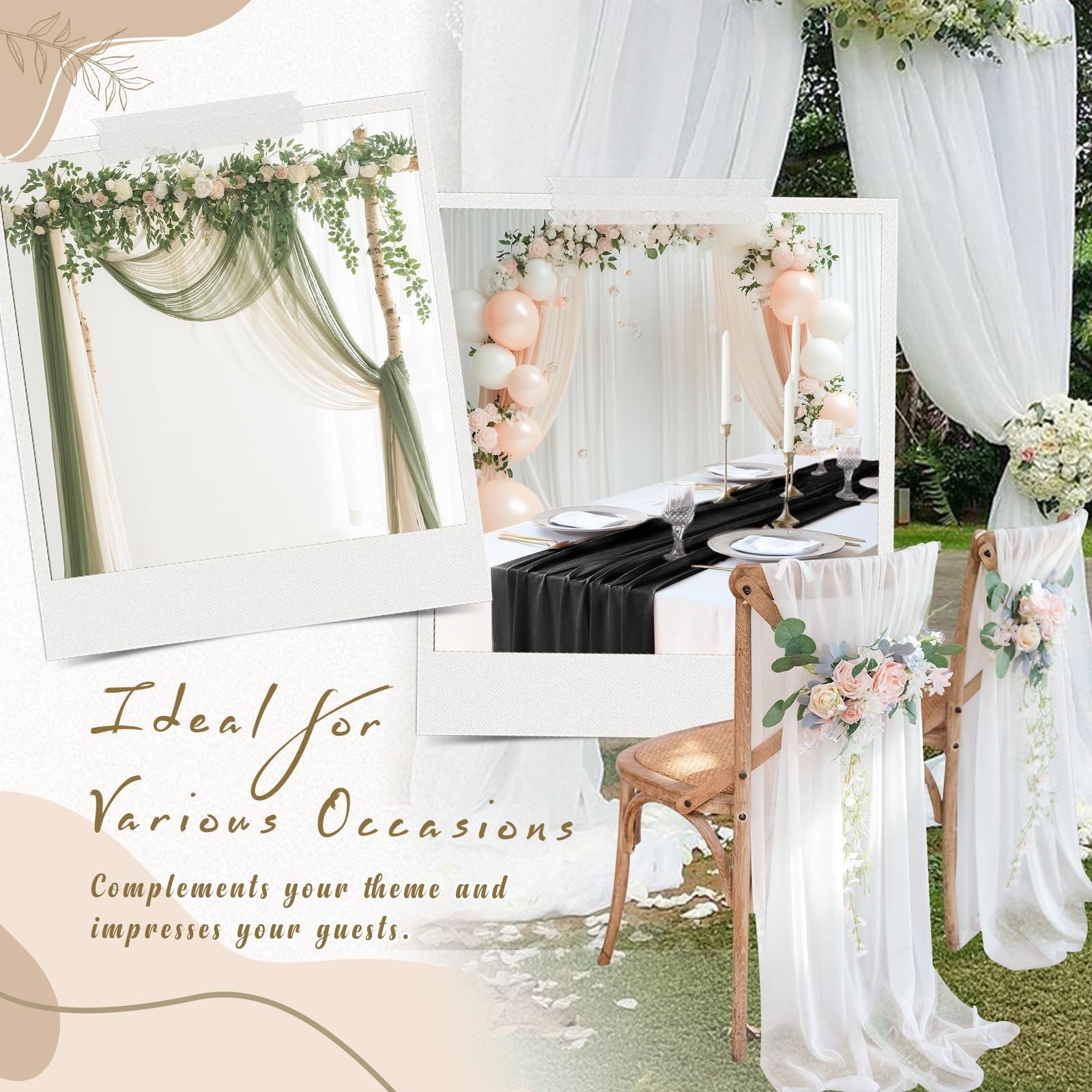 28 Inch x 19ft Black Chiffon Wedding Arch Draping Fabric Sheer Curtains 1 PC