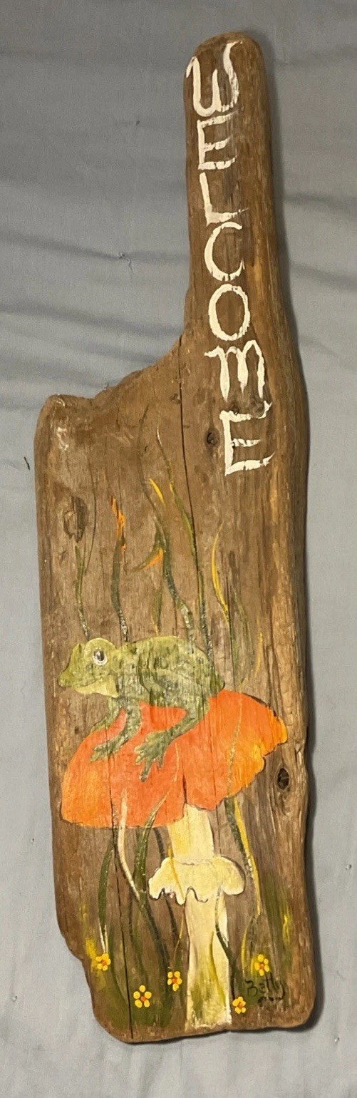 Handmade Welcome Sign Mushroom Frog Floral Driftwood Signed Decor Nature 24”x 6”