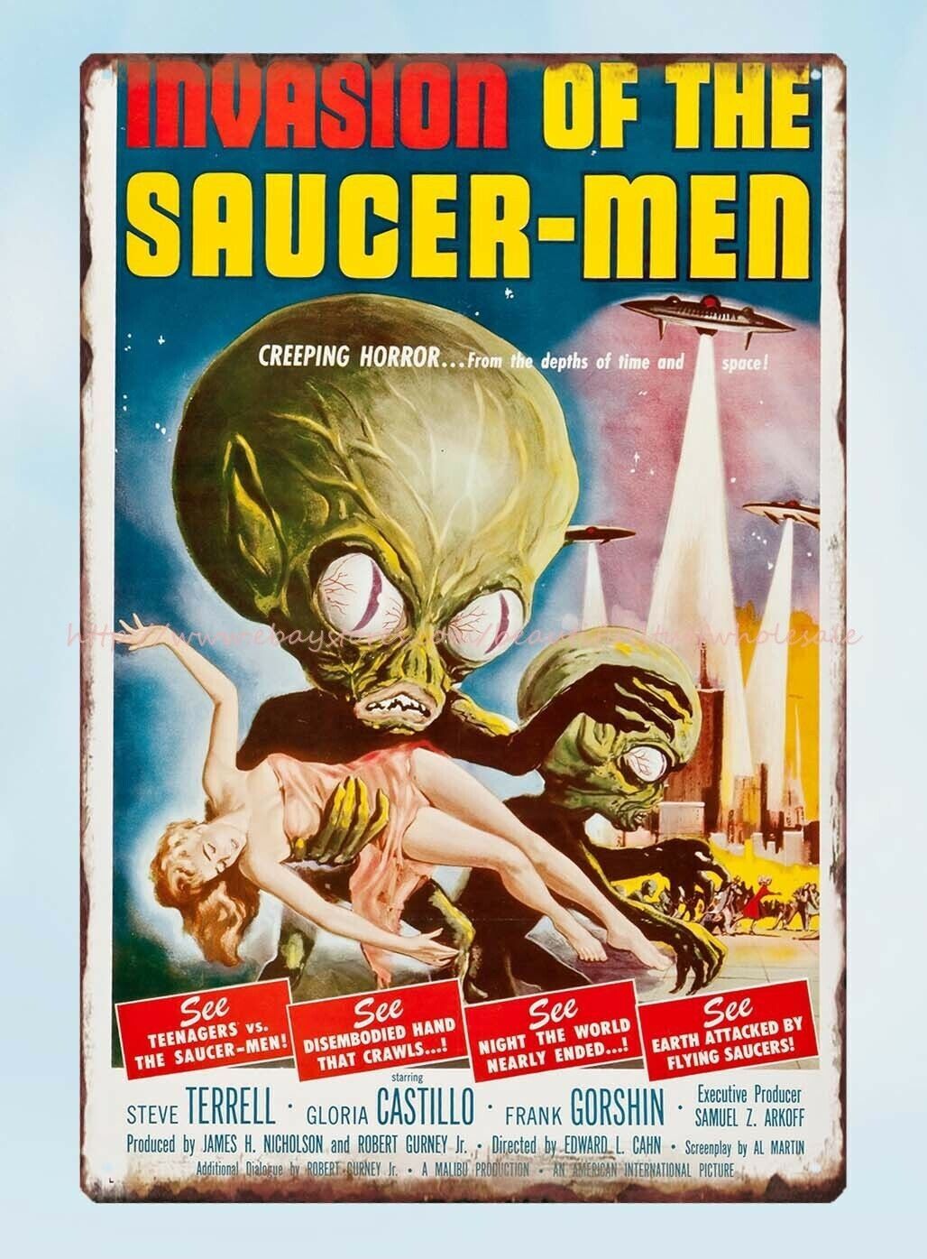 wall art invasion of the saucer men science fiction horror film metal tin sign