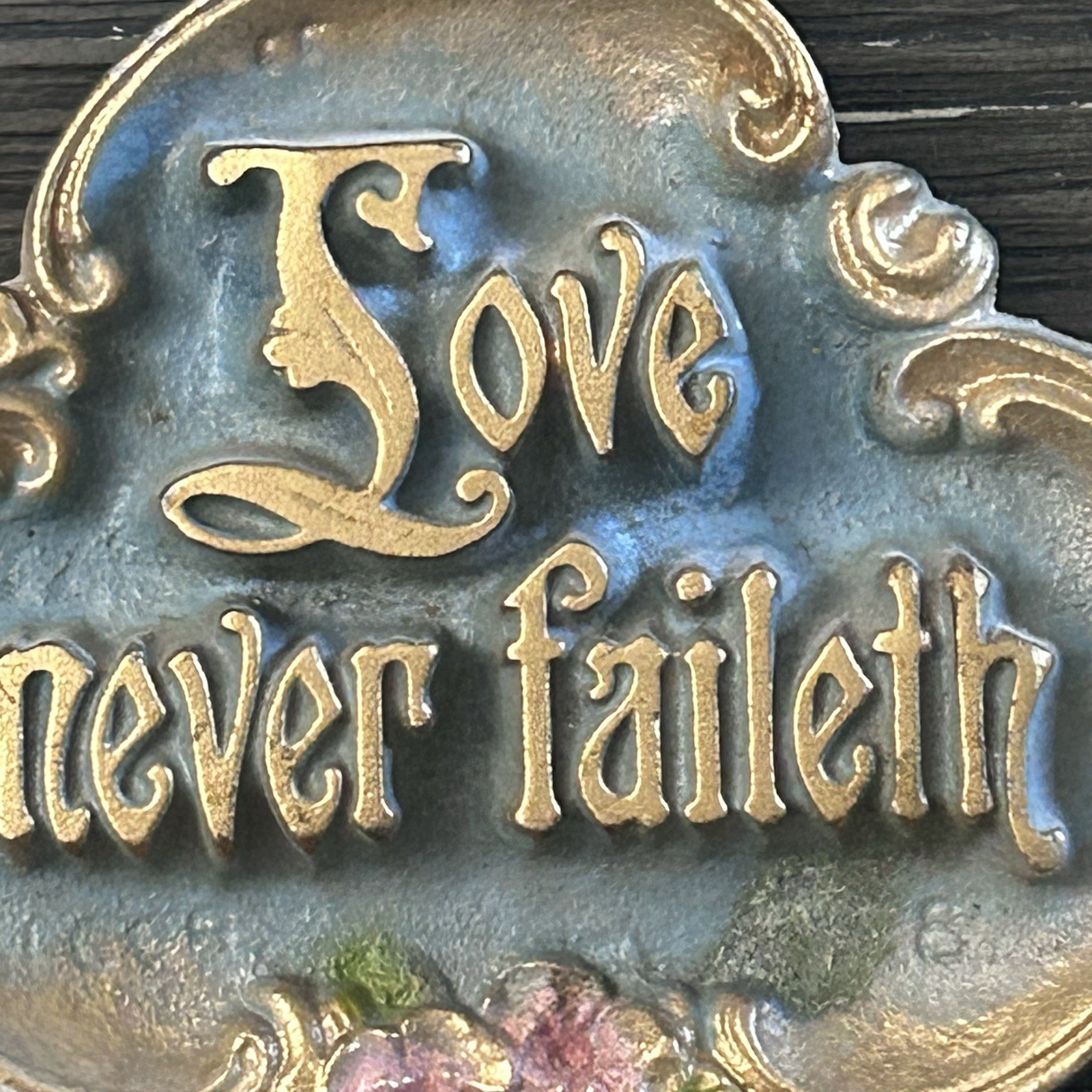 Vintage Metal Wall Plaque “Love Never Faileth” 1928 Ornate Floral Antique 4in