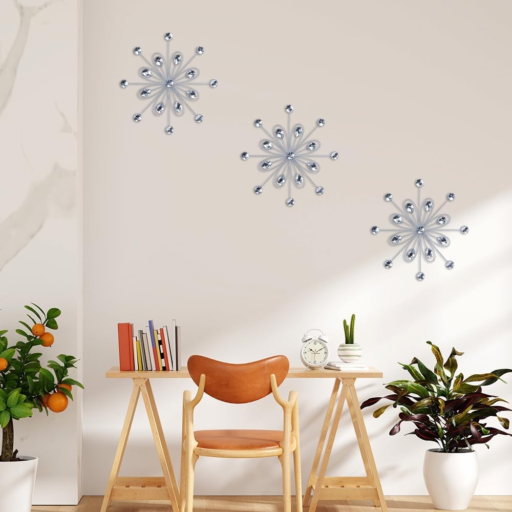 3pcs Silver Metal Flower Wall Art – Jeweled Crystal Decor for Indoor/Outdoor, Li