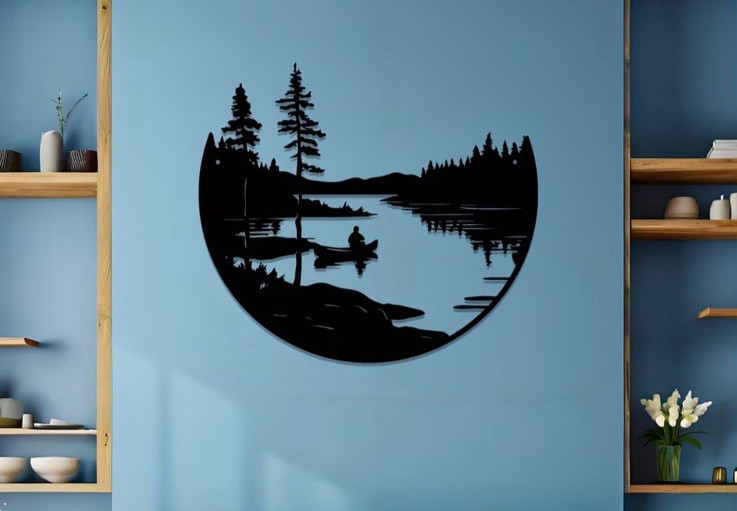 Fisherman Wall Decor Black Metal Man Fishing In Boat, Lake Wall Art Medium