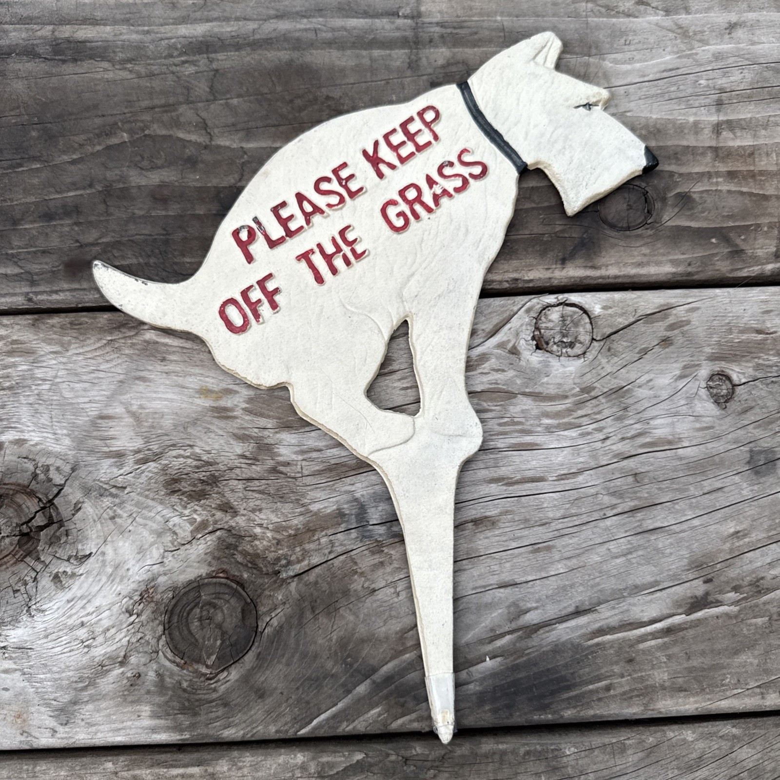 Vintage White Schnauzer Dog Painted Cast Iron Keep Off Grass Sign Lawn Ornament