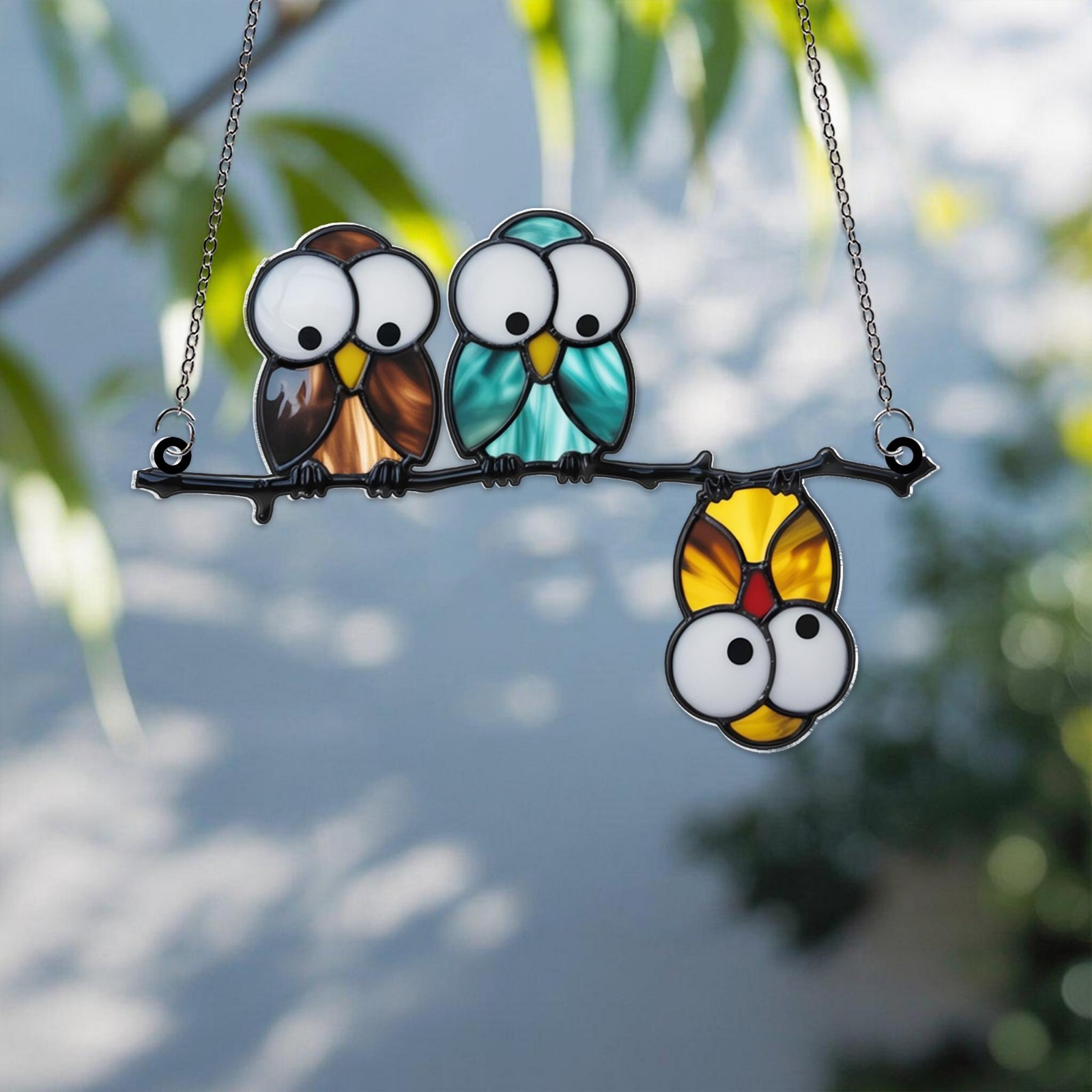 Multicolor Owls on a Branch Acrylic Suncatcher, Funny Hanging Acrylic Owl