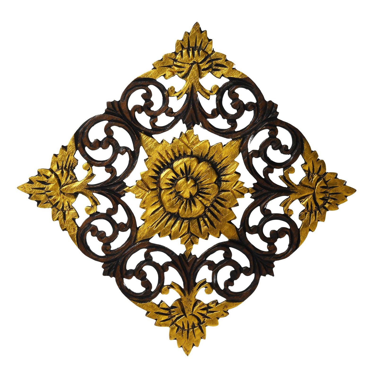Hand Carved Teak Wood Wall Art Panel – 11-Inch Rustic Flower Design Decor