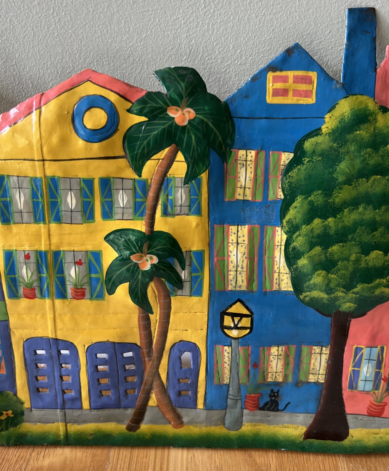 Row Houses Metal hand painted row of houses wall hanging fontaine 12 x 21 1/2