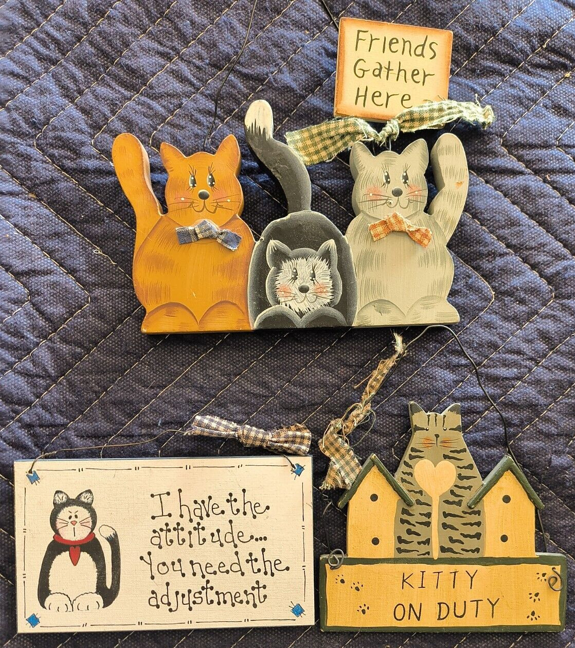 LOT OF 3 CAT FUNNY-FOLK ART WOOD PLACK SIGNS HAND PAINTED CUTE CAT WALL HANGERS