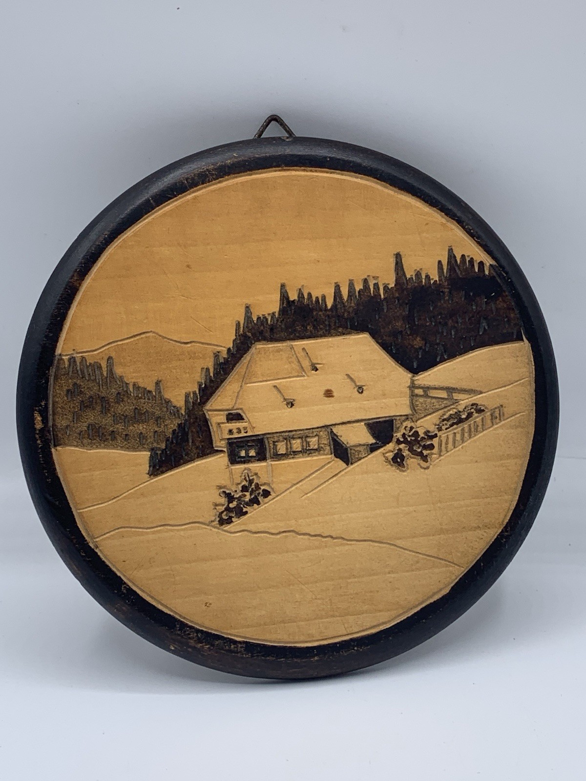 Vintage Inlay Wall Art Handmade Wood Round Country Hillside Scenery