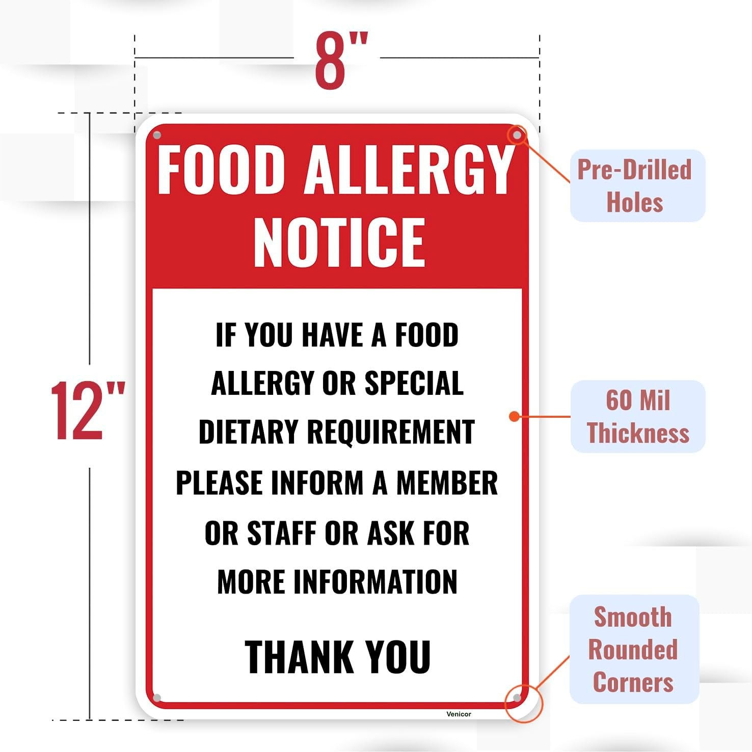 1PC Food Allergy Sign, 12 X 8 Inches – Aluminum – Food Allergen Sign for Restaur
